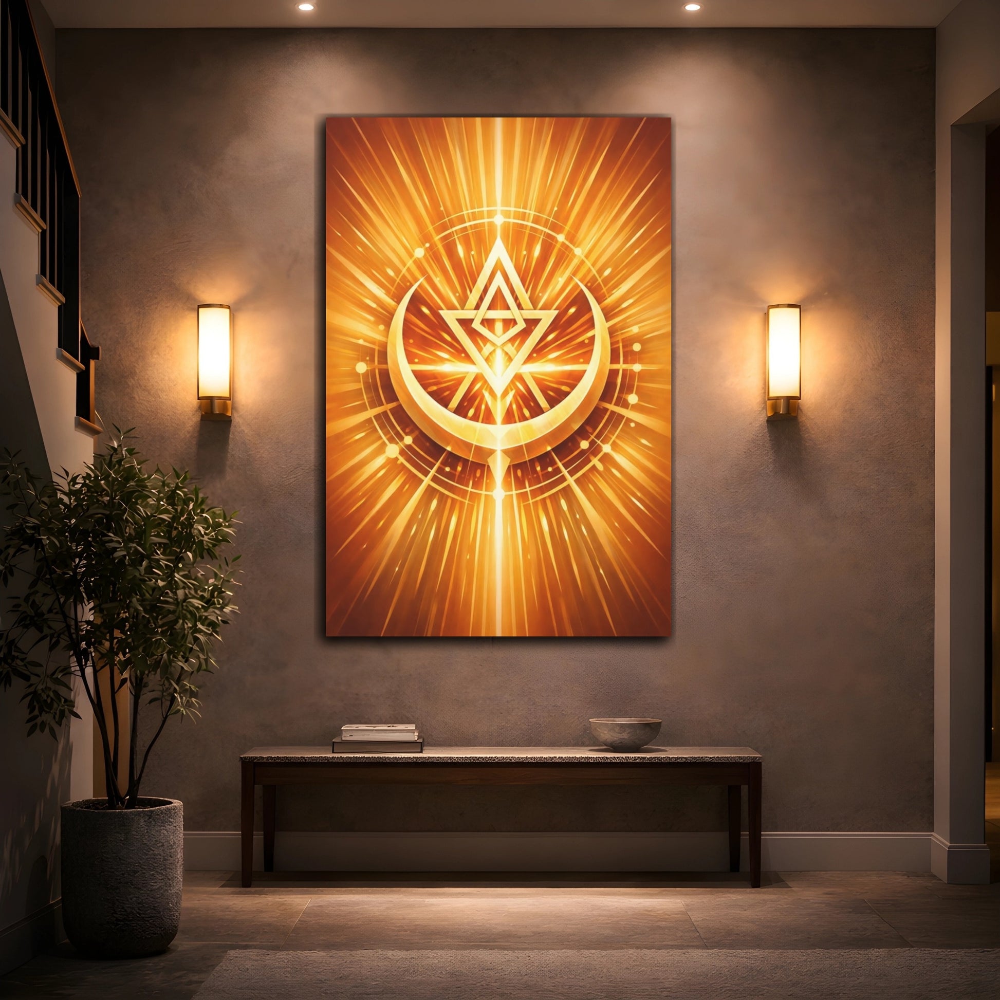 Mockup 3. Abstract Geometric Symbol Gold Abstract shown as stretched canvas wall art