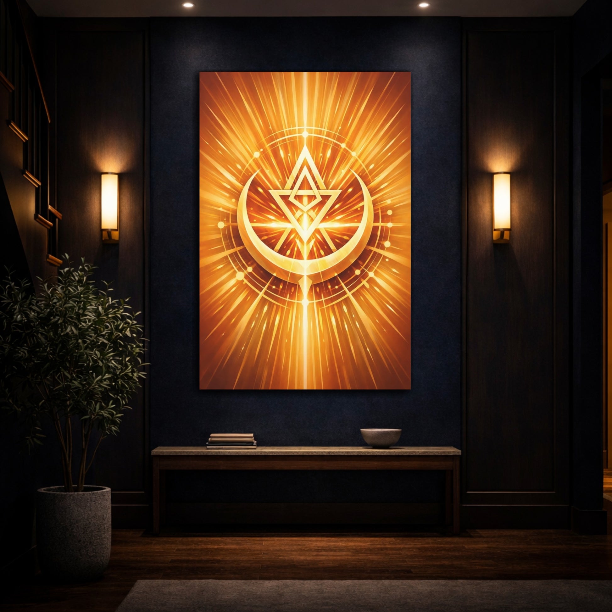 Mockup 4. Abstract Geometric Symbol Gold Abstract shown as stretched canvas wall art