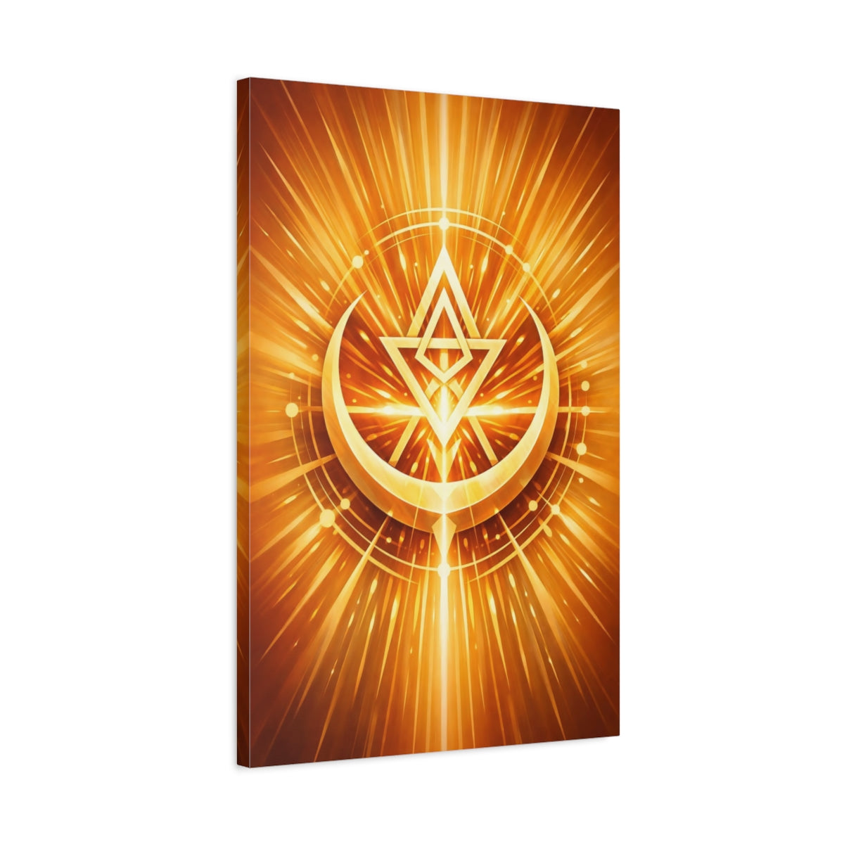 Side Mockup 2. Abstract Geometric Symbol Gold Abstract shown as stretched canvas wall art