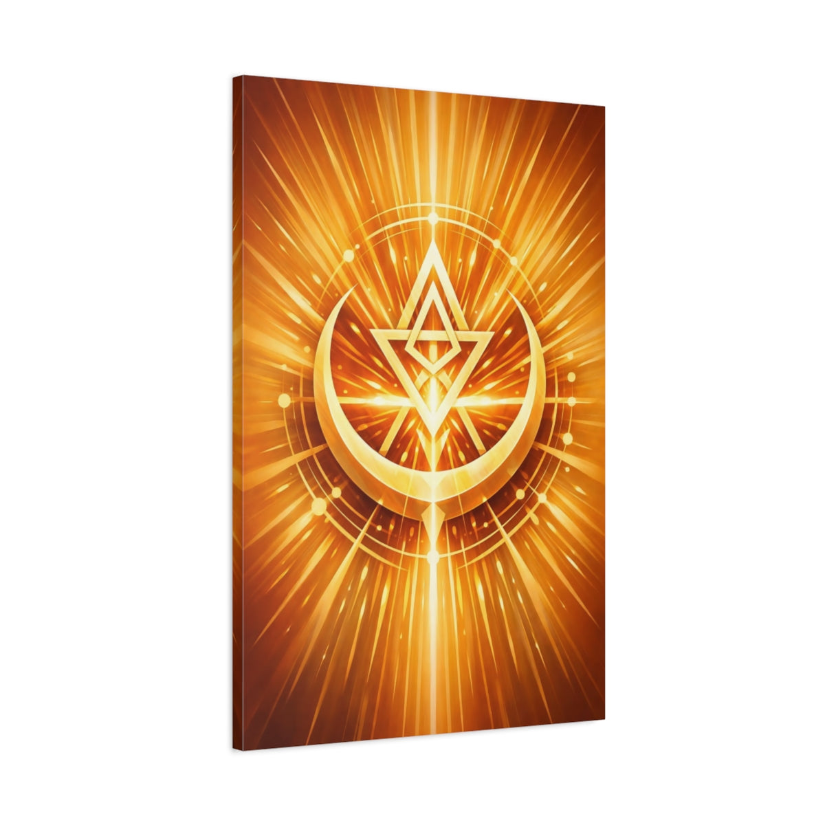 Side Mockup 1. Abstract Geometric Symbol Gold Abstract shown as stretched canvas wall art