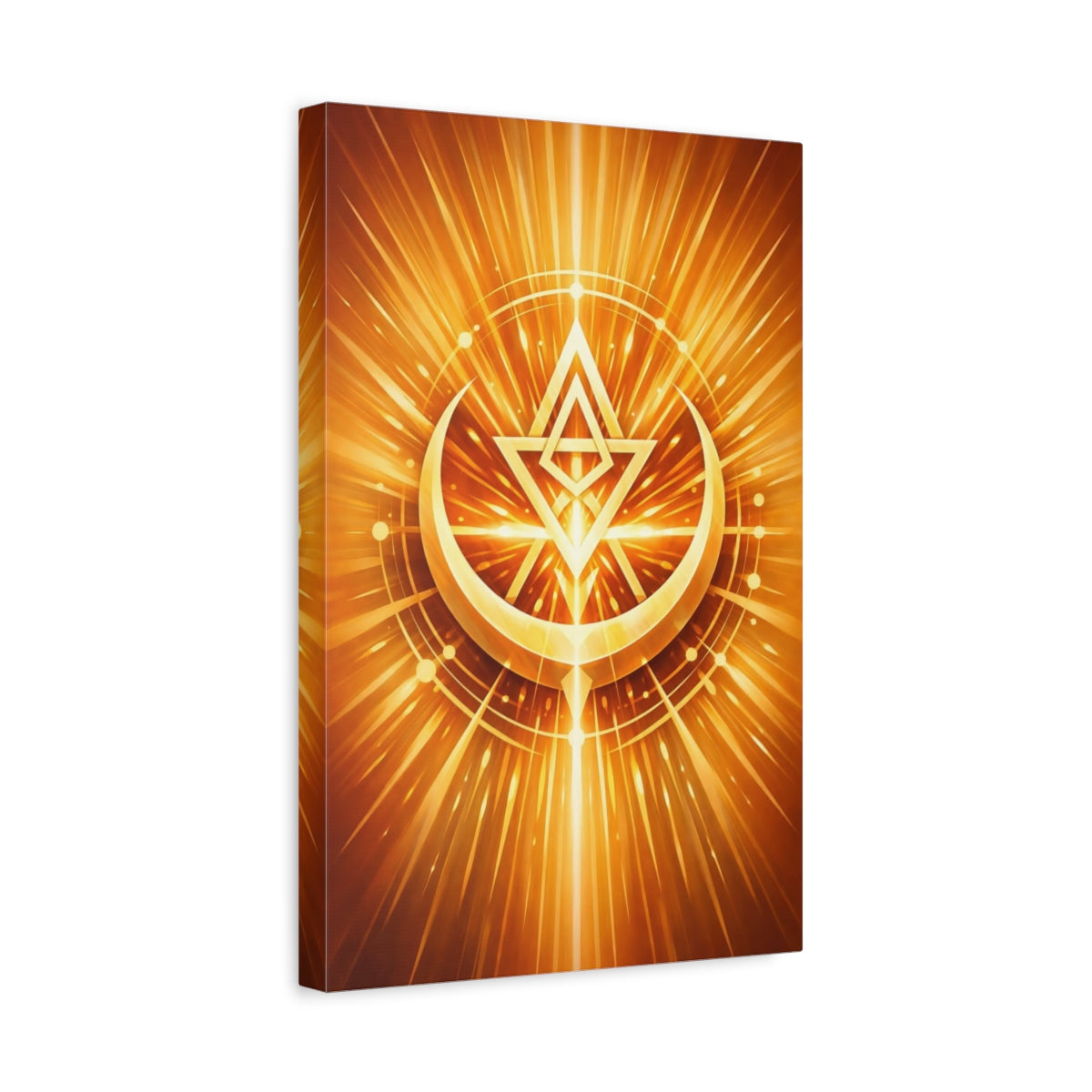 Side Mockup 4. Abstract Geometric Symbol Gold Abstract shown as stretched canvas wall art