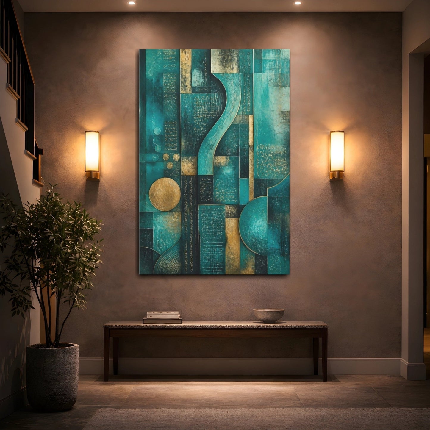 Abstract Geometric Teal Gold Canvas Wall Art Print – Living Room, Above Console Table - YesArtYes