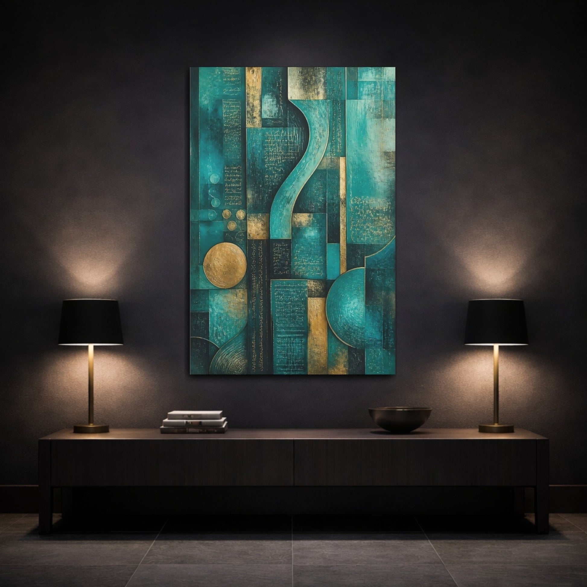 Abstract Geometric Teal Gold Canvas Wall Art Print – Living Room, Above Console Table - YesArtYes