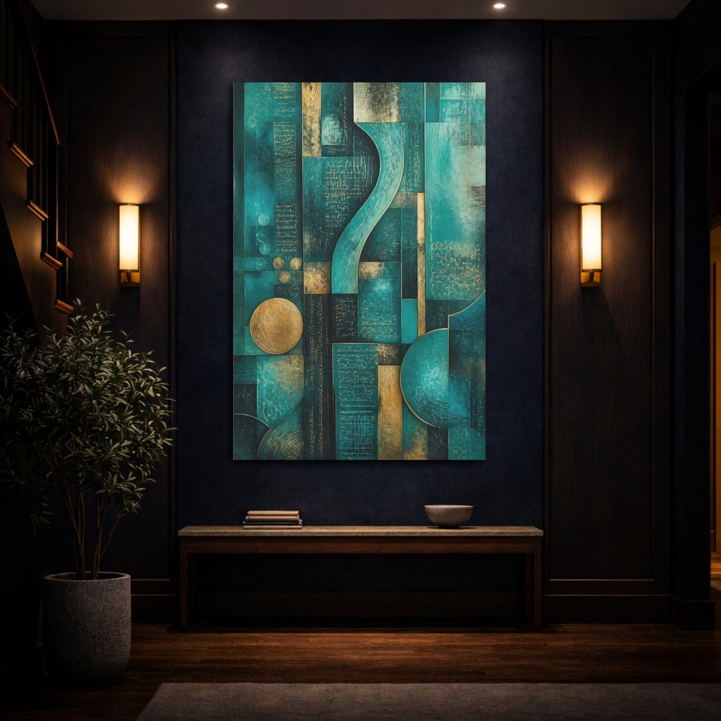 Abstract Geometric Teal Gold Canvas Wall Art Print – Living Room, Above Console Table - YesArtYes