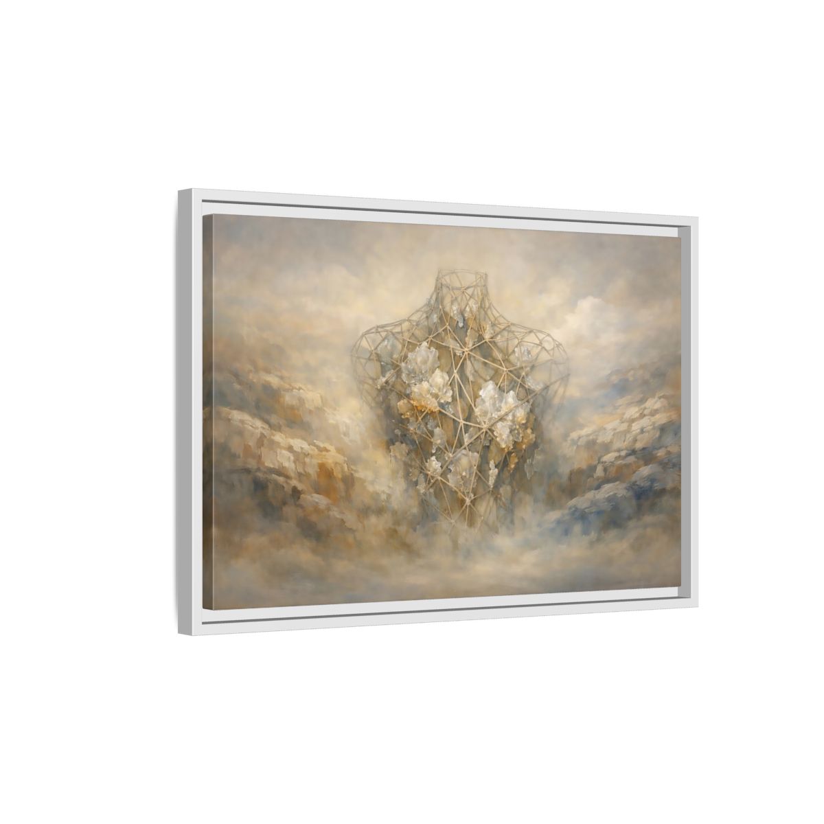 Side Mockup 1. Abstract Geometric Torso Brown And Grey shown as stretched canvas wall art