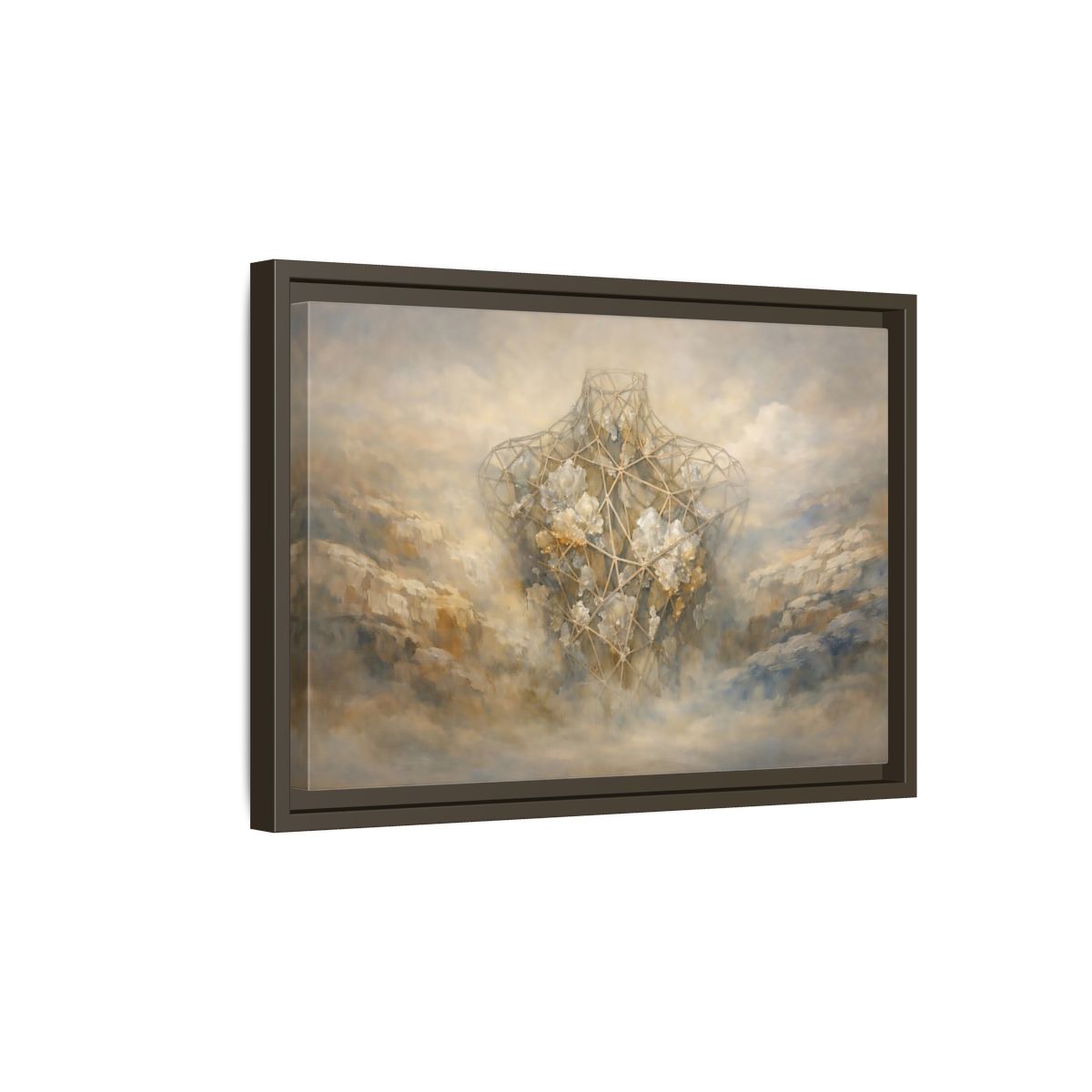 Side Mockup 5. Abstract Geometric Torso Brown And Grey shown as stretched canvas wall art