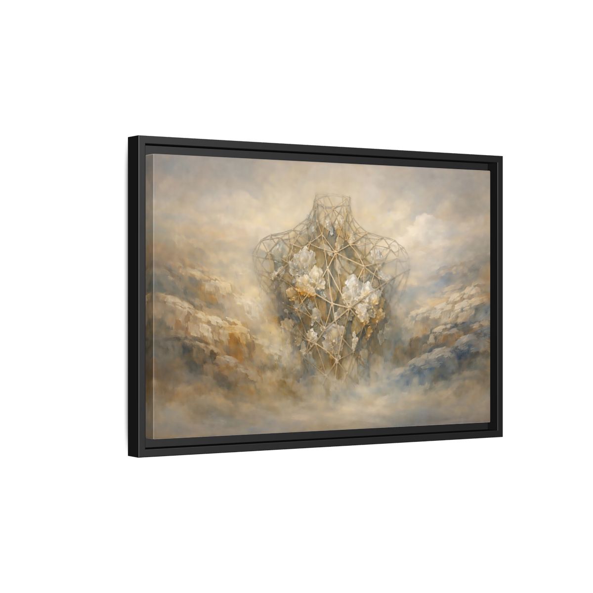Side Mockup 3. Abstract Geometric Torso Brown And Grey shown as stretched canvas wall art