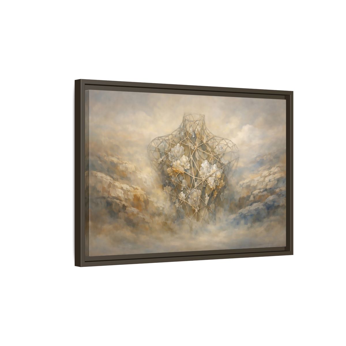 Side Mockup 2. Abstract Geometric Torso Brown And Grey shown as stretched canvas wall art