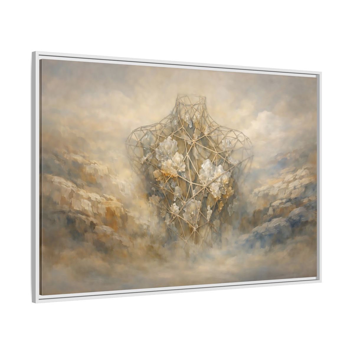 Side Mockup 7. Abstract Geometric Torso Brown And Grey shown as stretched canvas wall art