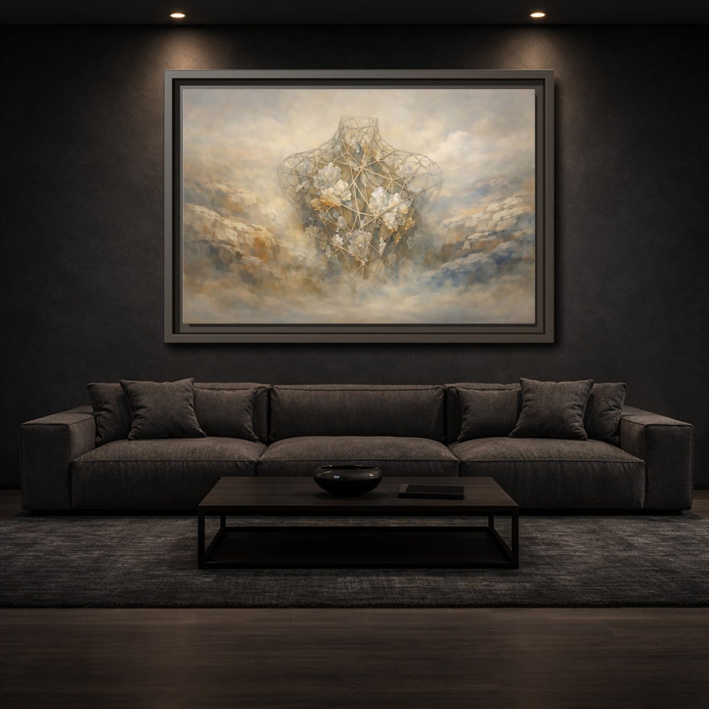 Mockup 2. Abstract Geometric Torso Brown And Grey shown as stretched canvas wall art