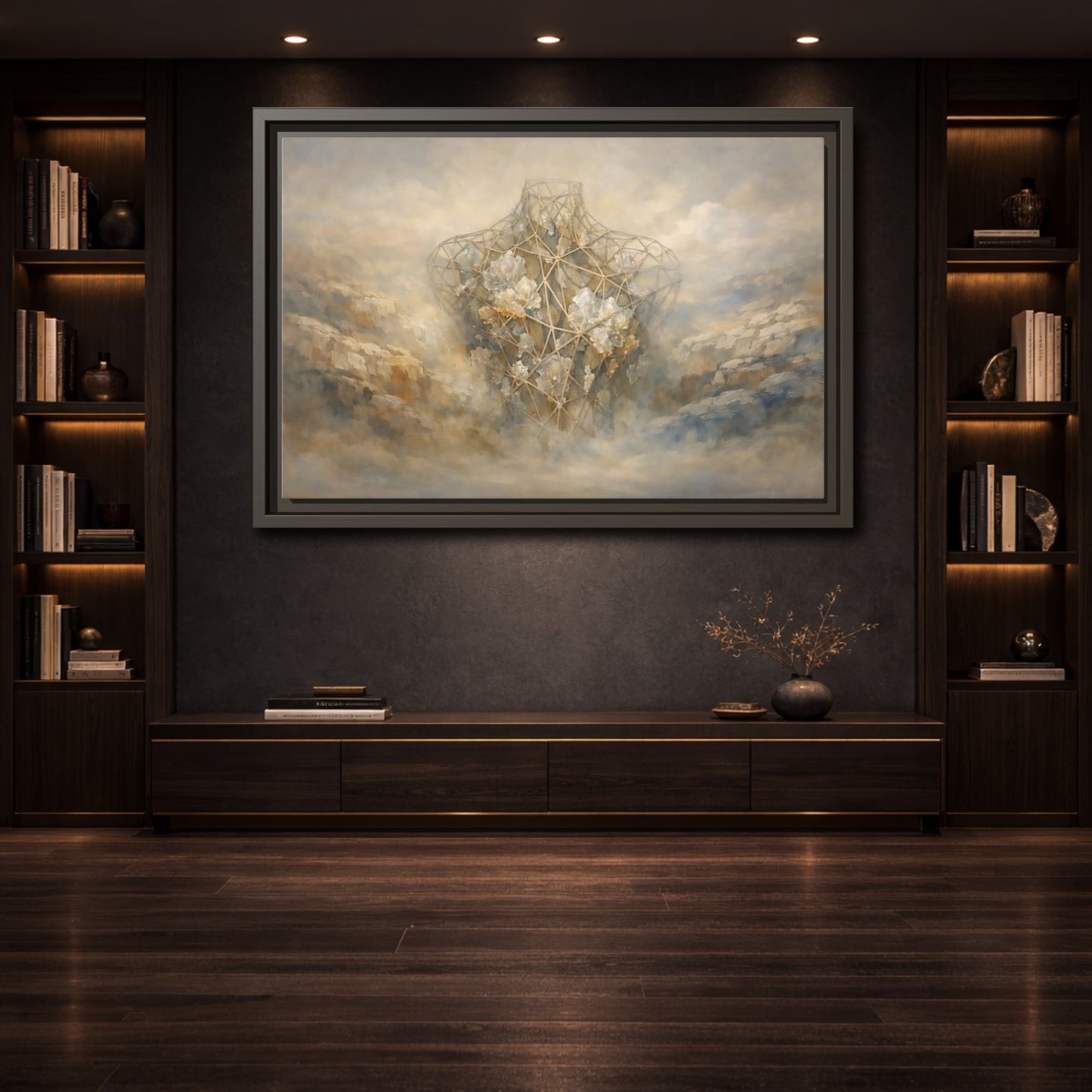 Mockup 3. Abstract Geometric Torso Brown And Grey shown as stretched canvas wall art