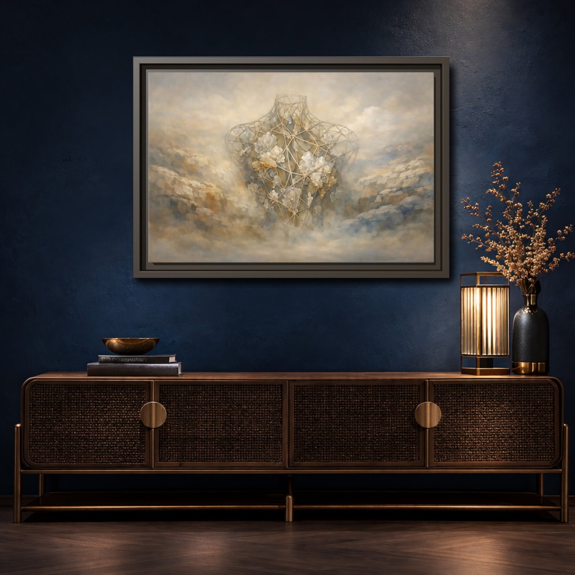 Mockup 4. Abstract Geometric Torso Brown And Grey shown as stretched canvas wall art