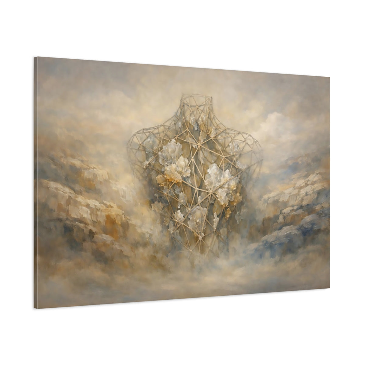 Main Mockup. Abstract Geometric Torso Earthy Tones shown as stretched canvas wall art