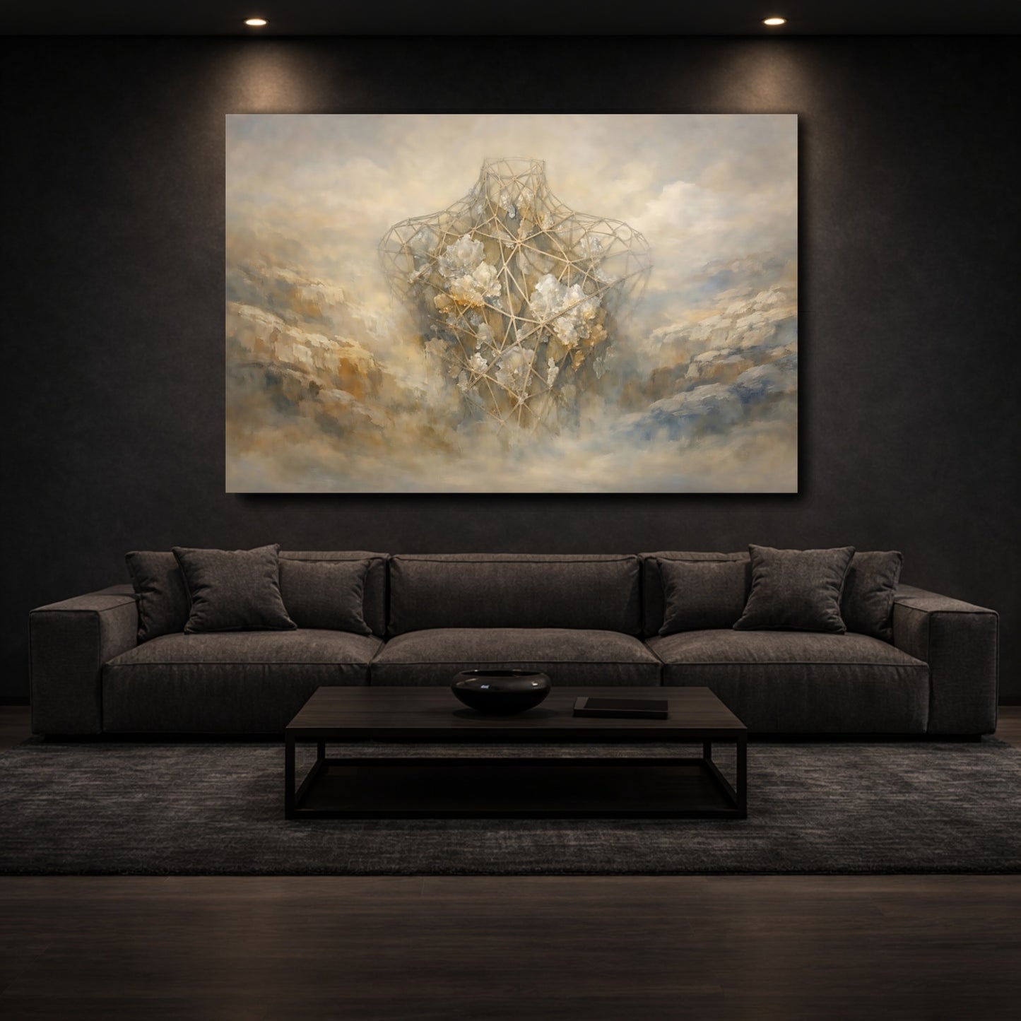 Mockup 2. Abstract Geometric Torso Earthy Tones shown as stretched canvas wall art