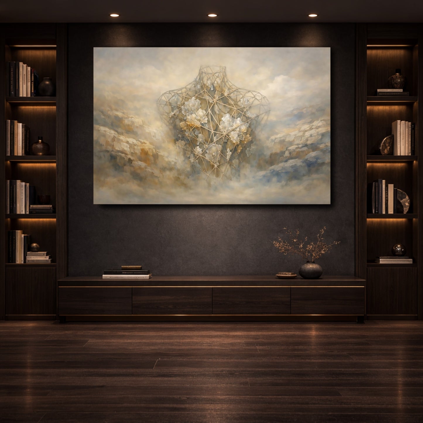 Mockup 3. Abstract Geometric Torso Earthy Tones shown as stretched canvas wall art