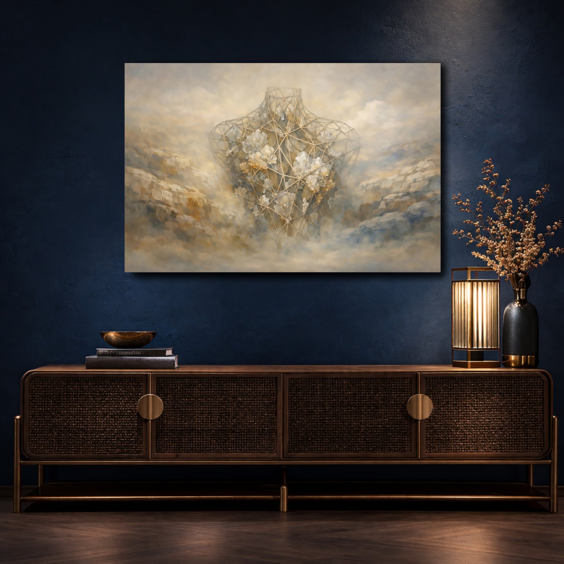 Mockup 4. Abstract Geometric Torso Earthy Tones shown as stretched canvas wall art