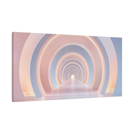 Main Mockup. Abstract Geometric Tunnel Pink And Blue shown as stretched canvas wall art