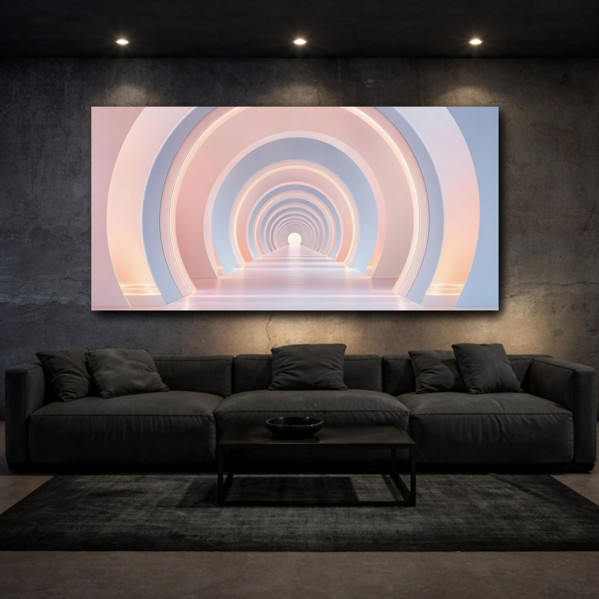 Mockup 2. Abstract Geometric Tunnel Pink And Blue shown as stretched canvas wall art