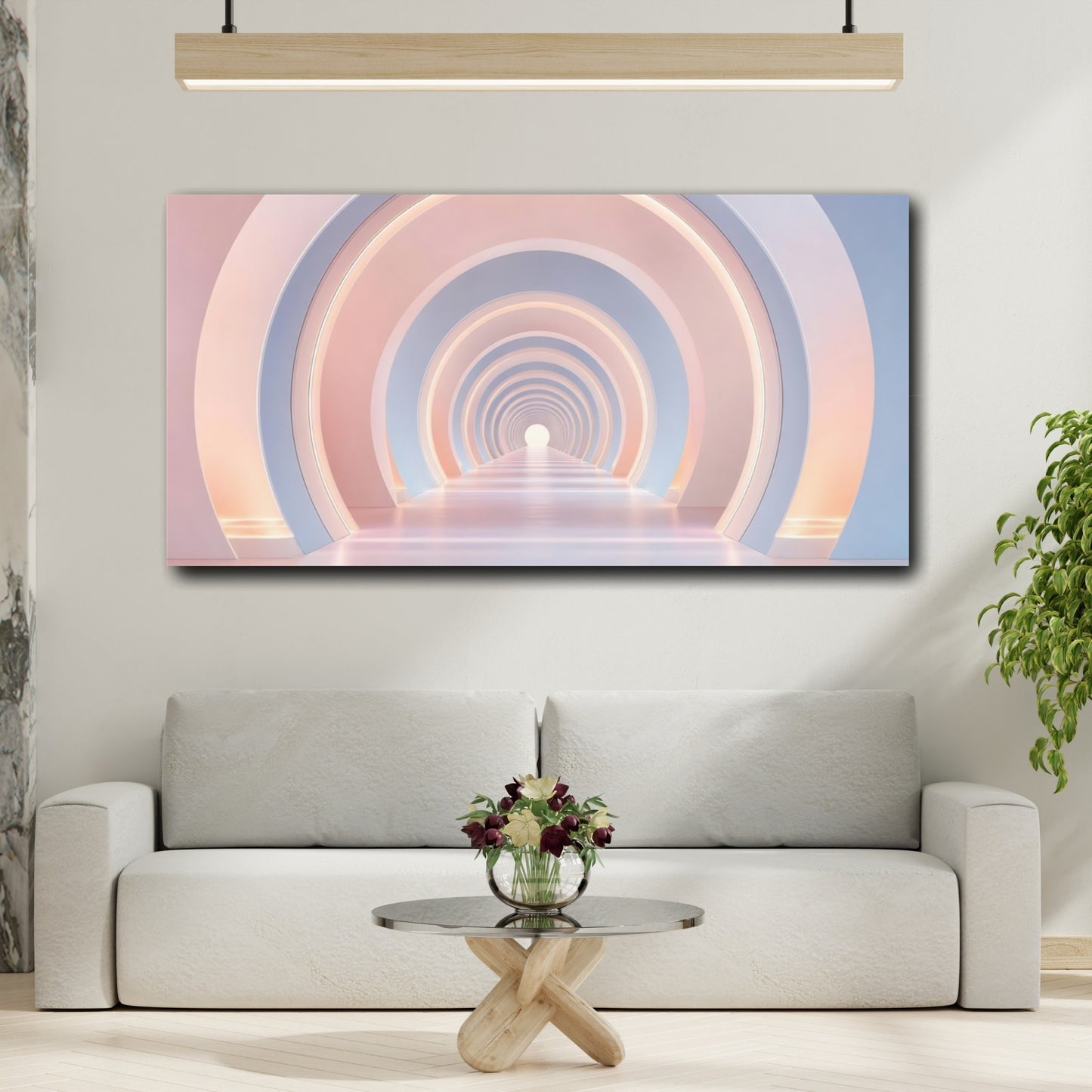 Mockup 3. Abstract Geometric Tunnel Pink And Blue shown as stretched canvas wall art