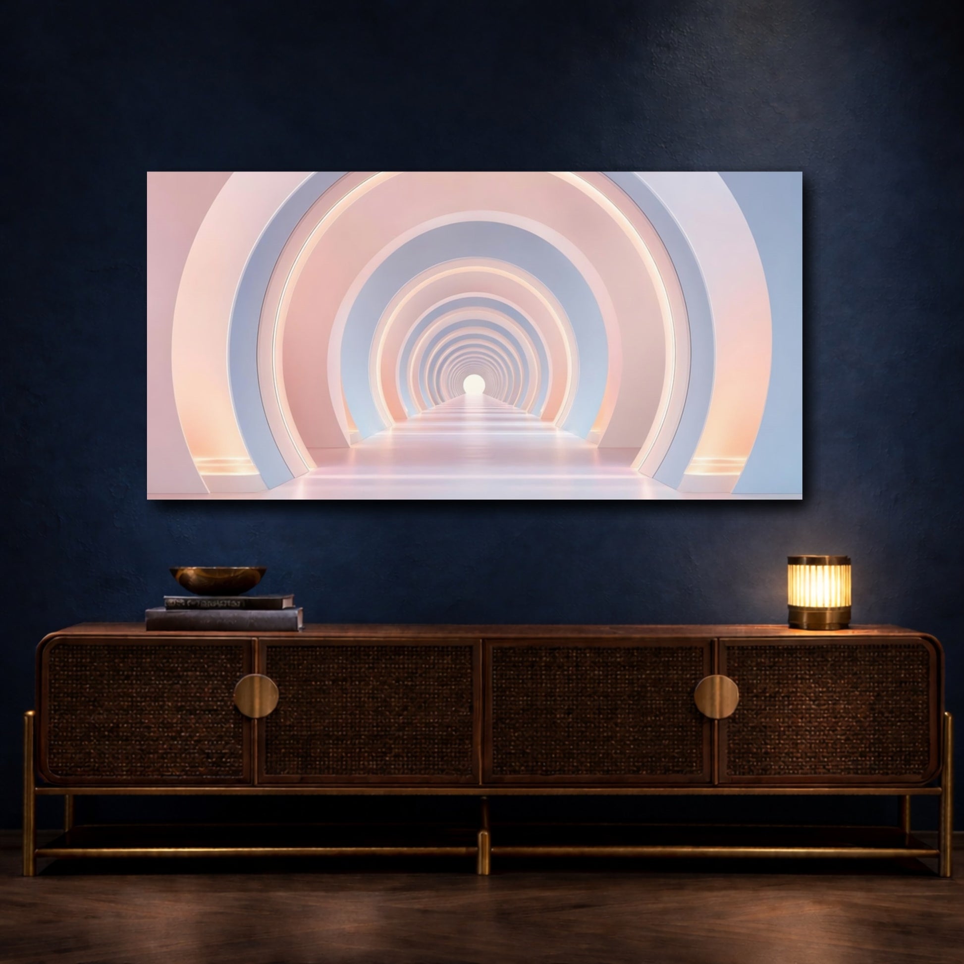 Mockup 4. Abstract Geometric Tunnel Pink And Blue shown as stretched canvas wall art