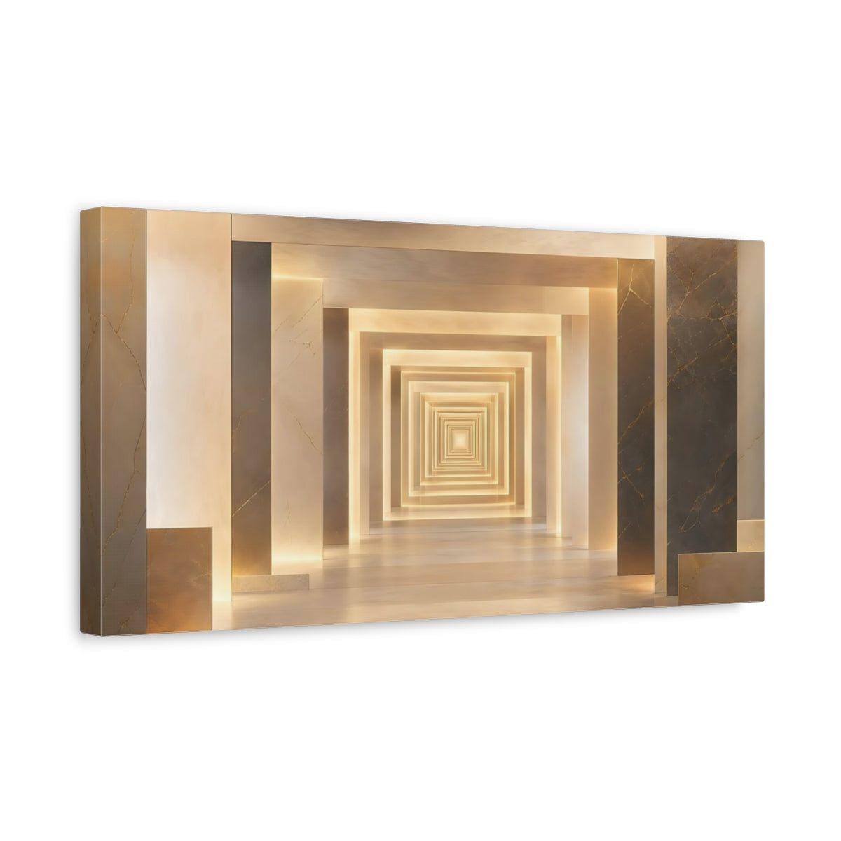 Side Mockup 3. Abstract Geometric Tunnel Warm Gold Geometric shown as stretched canvas wall art