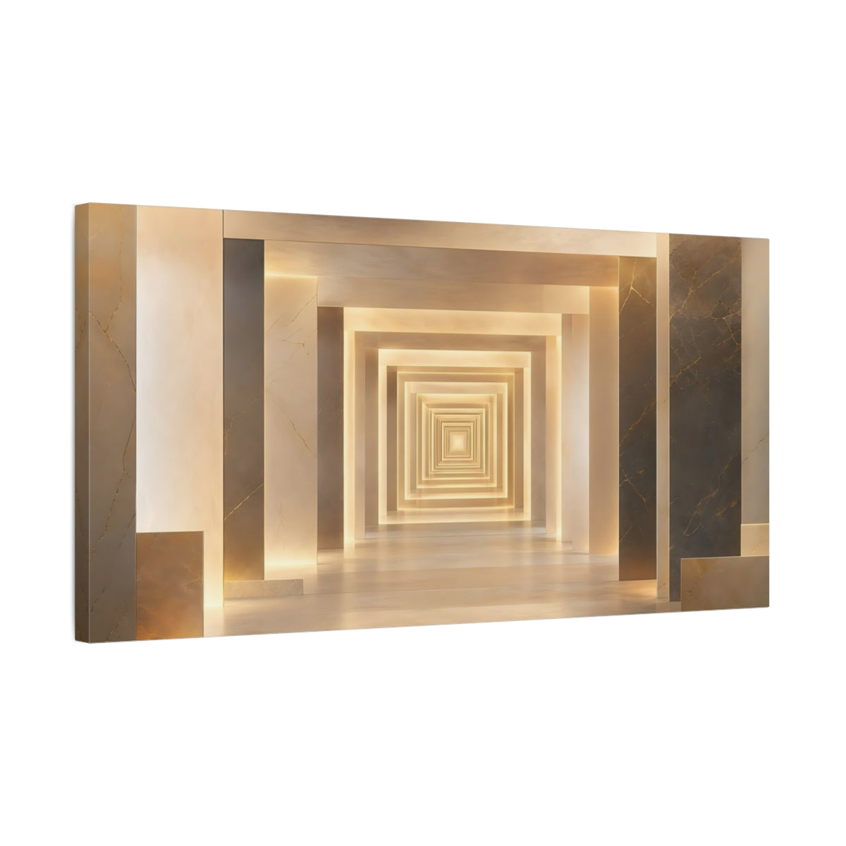 Side Mockup 1. Abstract Geometric Tunnel Warm Gold Geometric shown as stretched canvas wall art