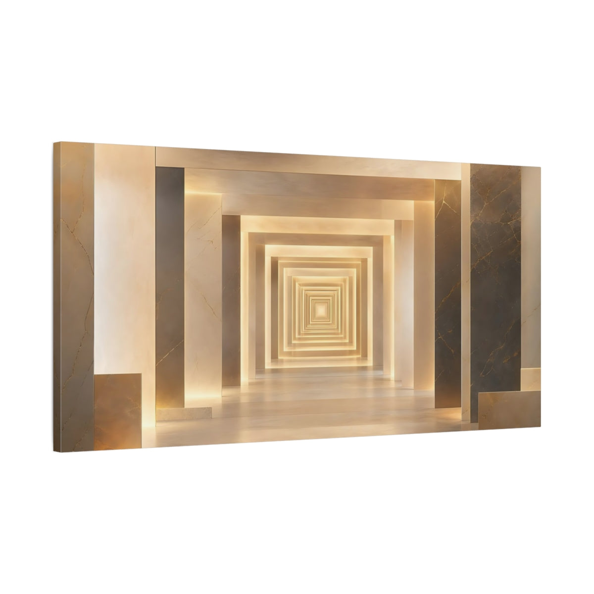 Main Mockup. Abstract Geometric Tunnel Warm Gold Geometric shown as stretched canvas wall art