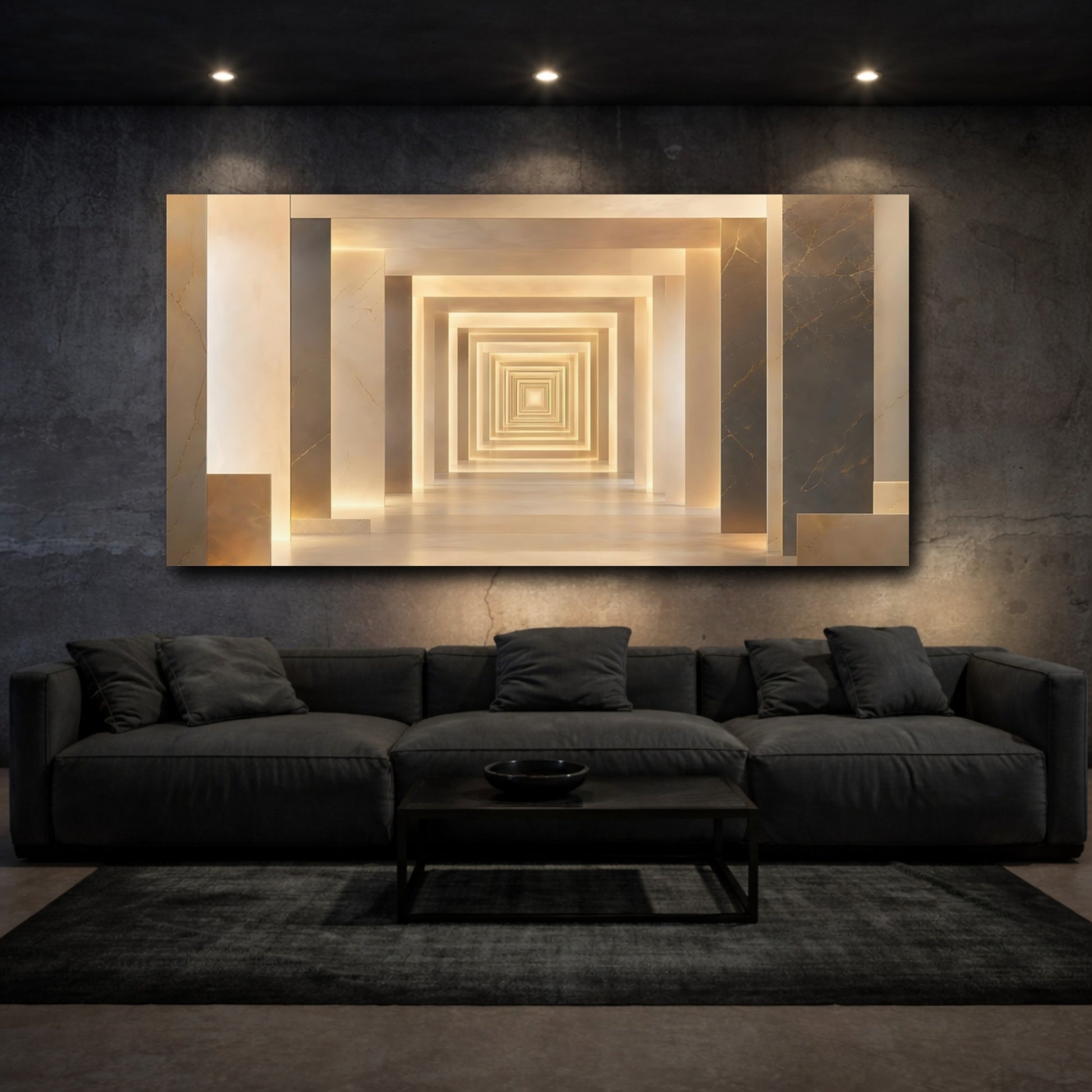 Mockup 2. Abstract Geometric Tunnel Warm Gold Geometric shown as stretched canvas wall art