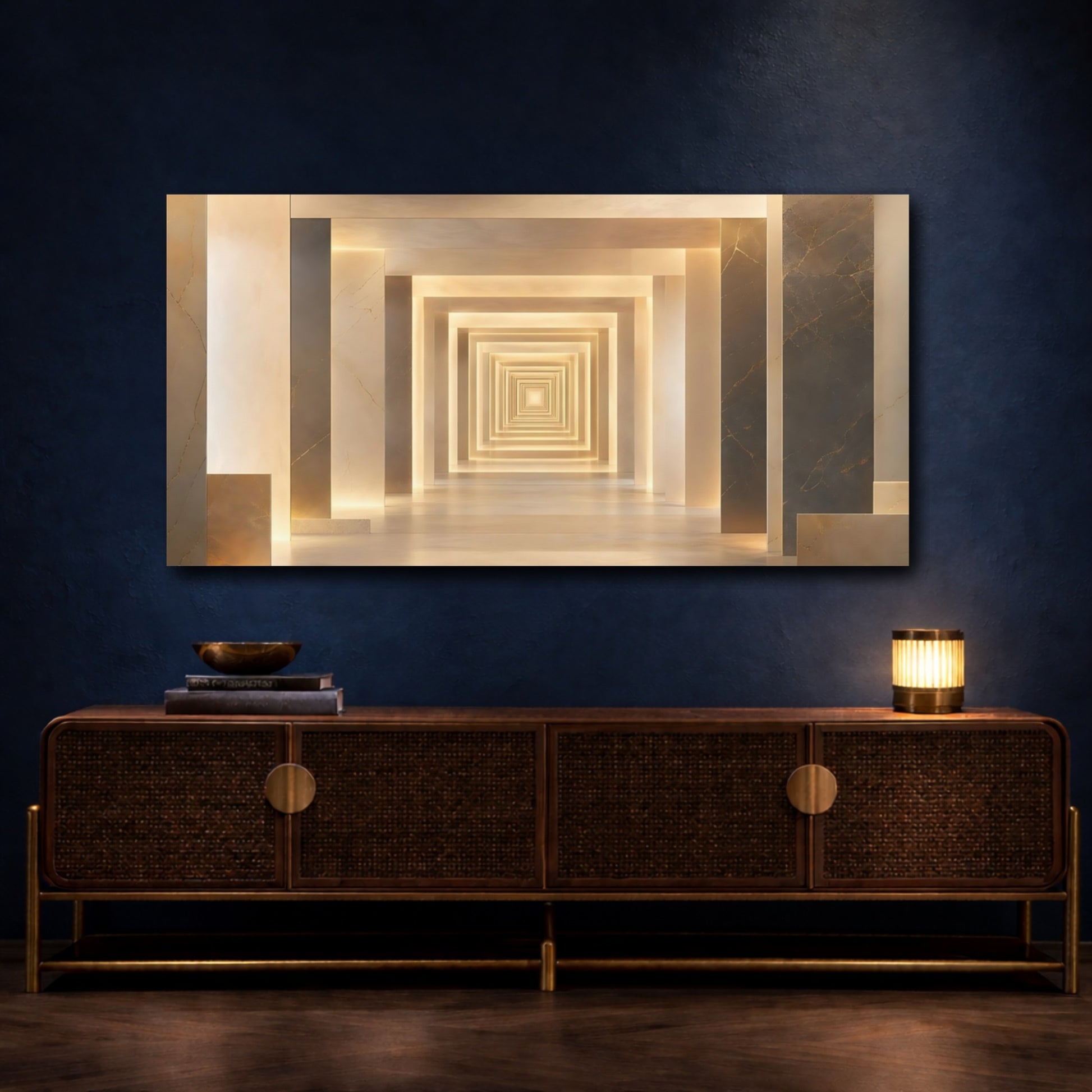 Mockup 3. Abstract Geometric Tunnel Warm Gold Geometric shown as stretched canvas wall art