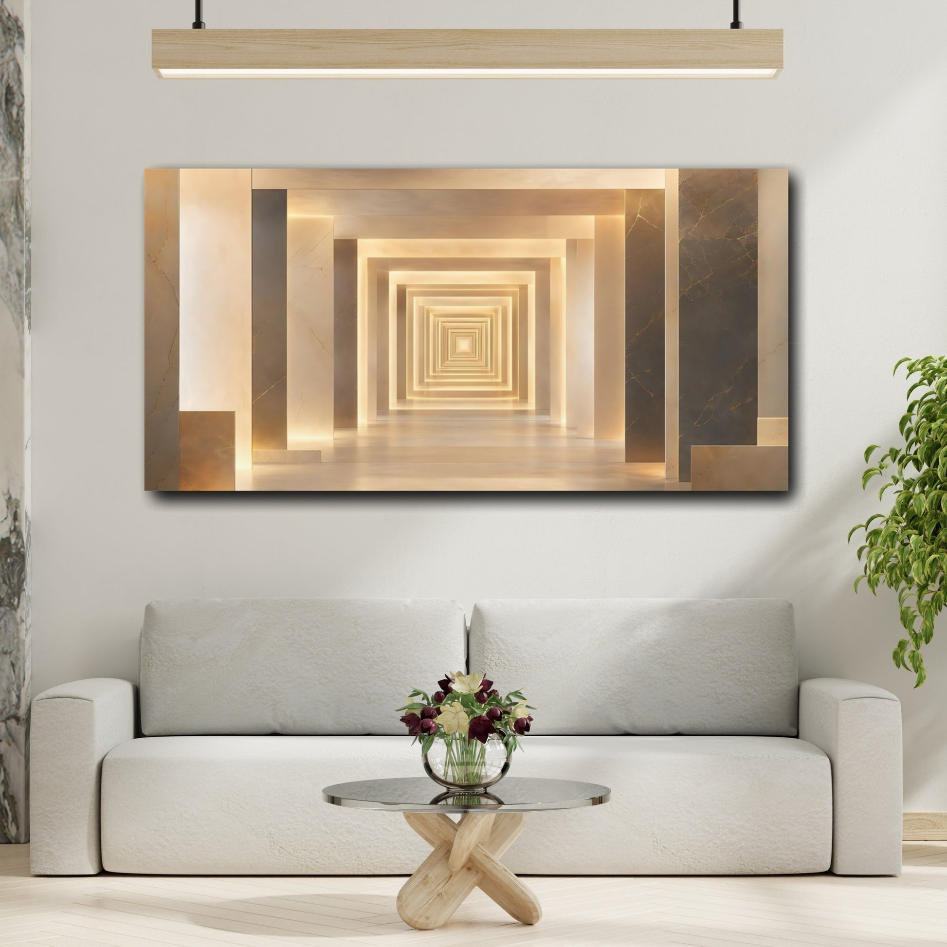 Mockup 4. Abstract Geometric Tunnel Warm Gold Geometric shown as stretched canvas wall art