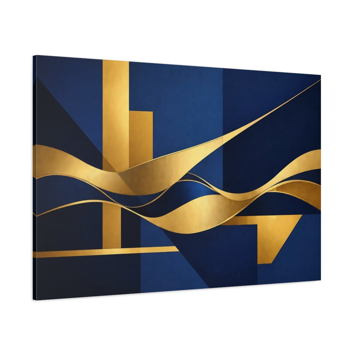 Main Mockup. Abstract Geometric Waves Blue And Gold shown as stretched canvas wall art