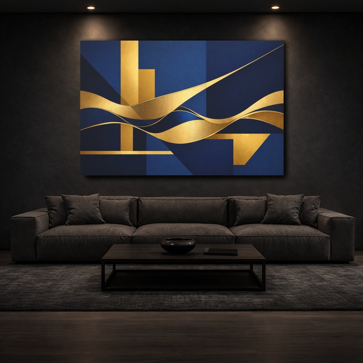Mockup 2. Abstract Geometric Waves Blue And Gold shown as stretched canvas wall art