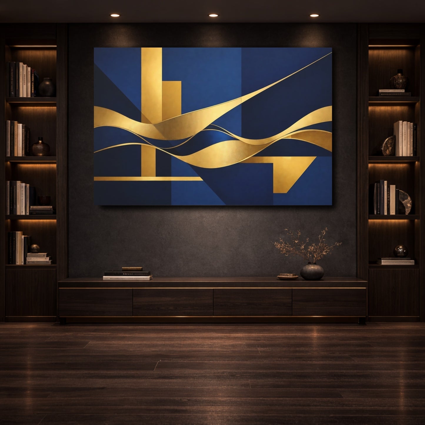 Mockup 3. Abstract Geometric Waves Blue And Gold shown as stretched canvas wall art