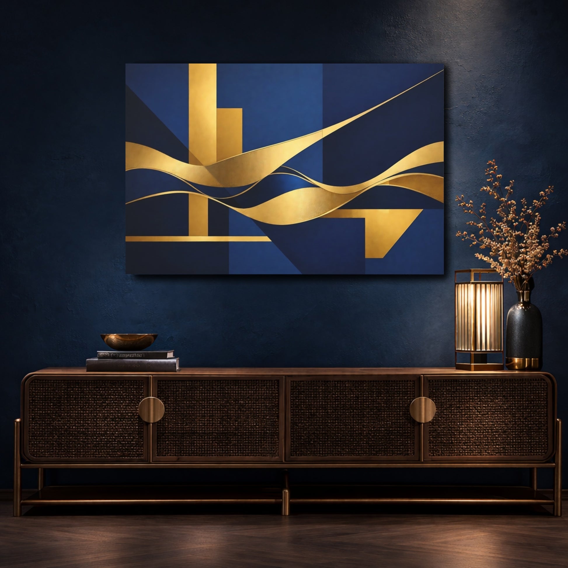 Mockup 4. Abstract Geometric Waves Blue And Gold shown as stretched canvas wall art