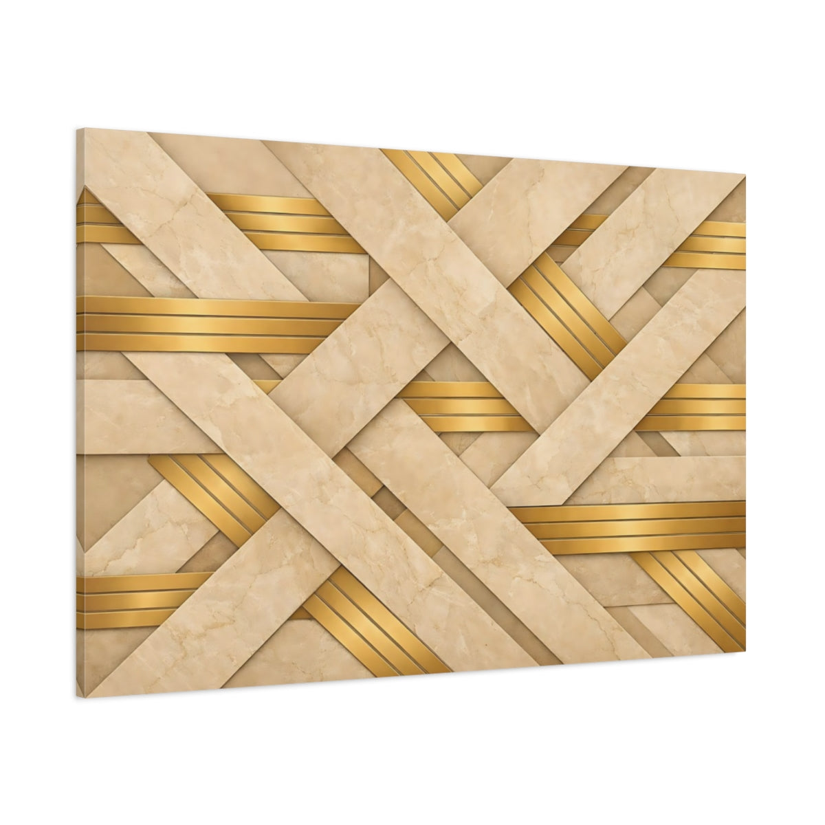 Main Mockup. Abstract Geometric Weave Beige Gold Pattern shown as stretched canvas wall art