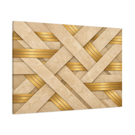 Main Mockup. Abstract Geometric Weave Beige Gold Pattern shown as stretched canvas wall art