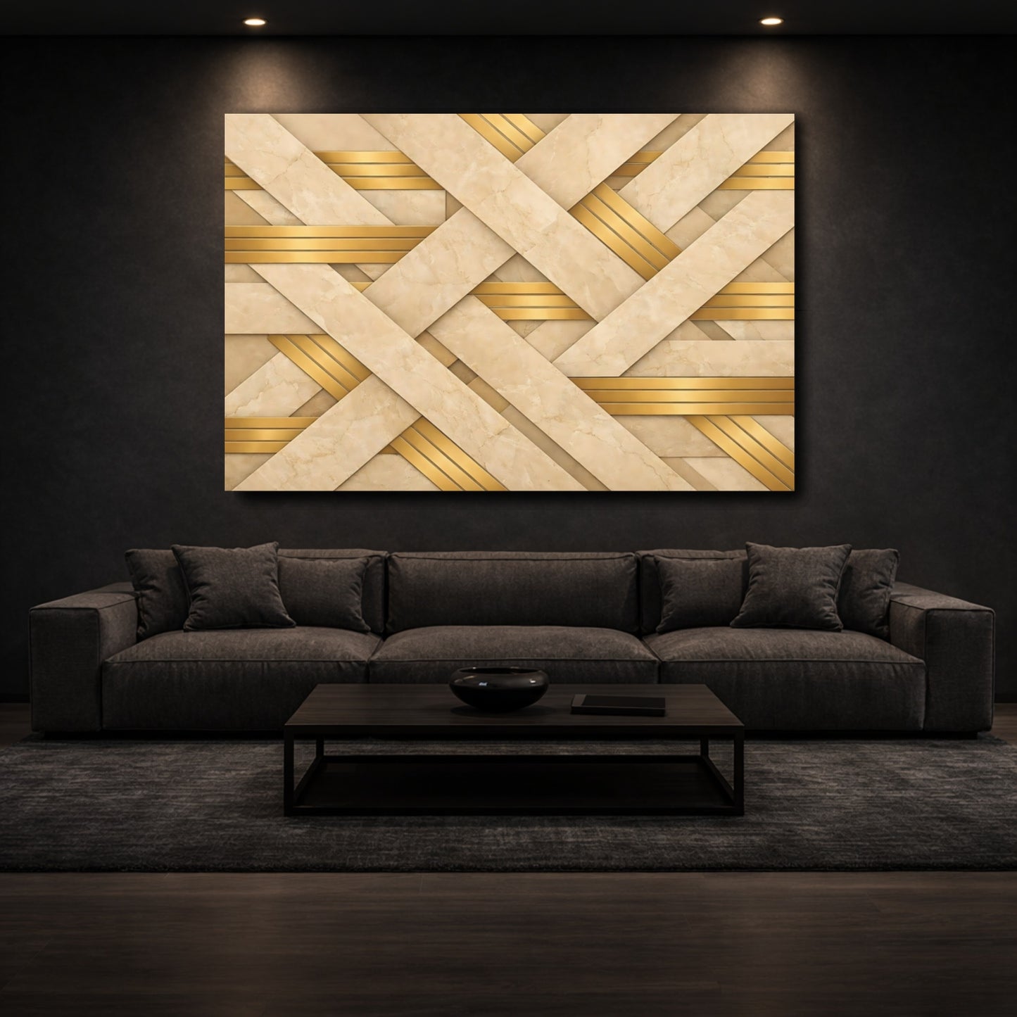 Mockup 2. Abstract Geometric Weave Beige Gold Pattern shown as stretched canvas wall art