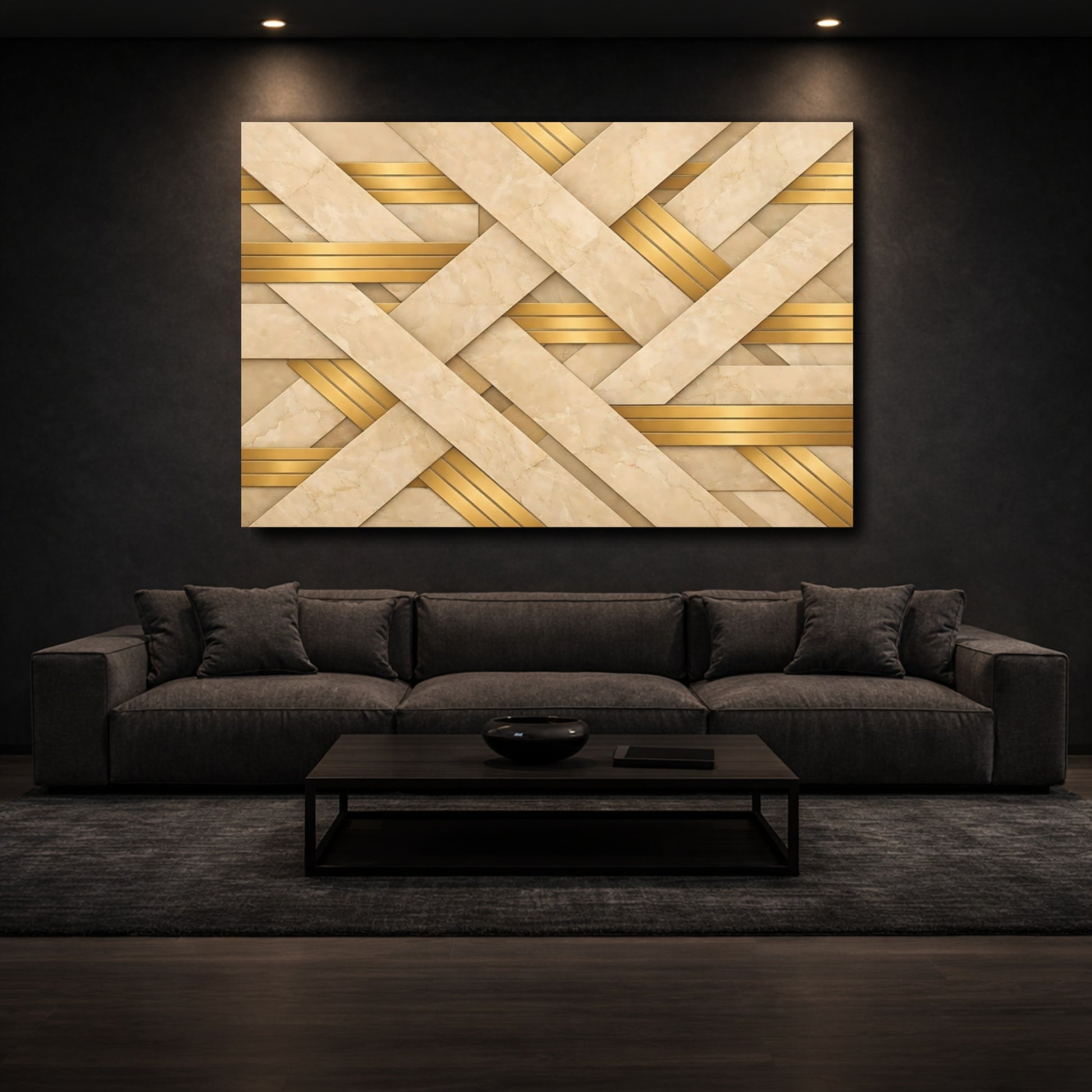 Mockup 2. Abstract Geometric Weave Beige Gold Pattern shown as stretched canvas wall art