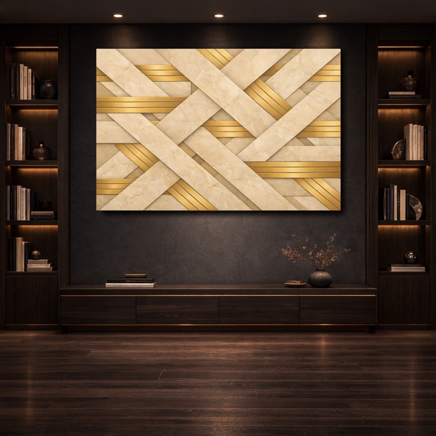 Mockup 3. Abstract Geometric Weave Beige Gold Pattern shown as stretched canvas wall art