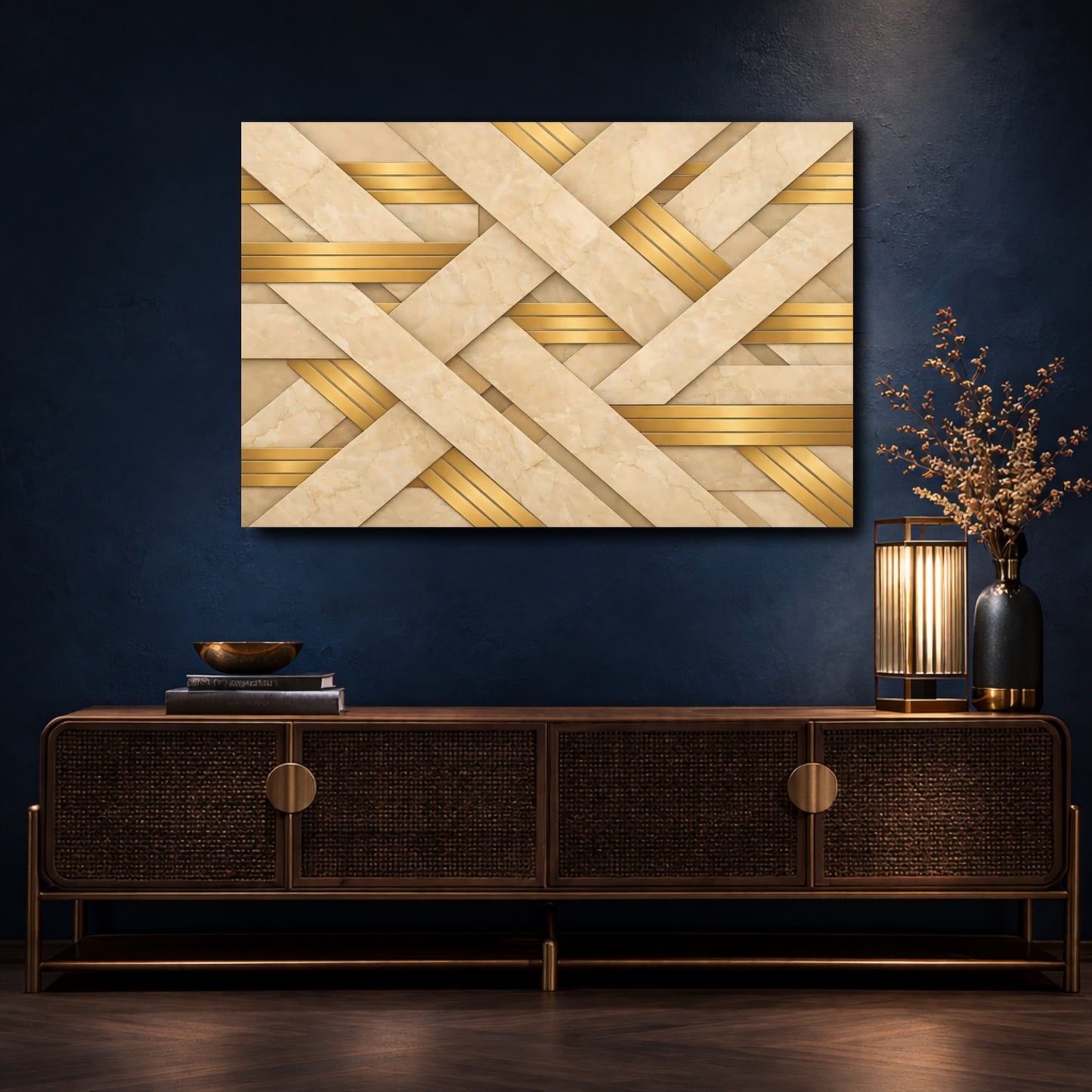 Mockup 4. Abstract Geometric Weave Beige Gold Pattern shown as stretched canvas wall art