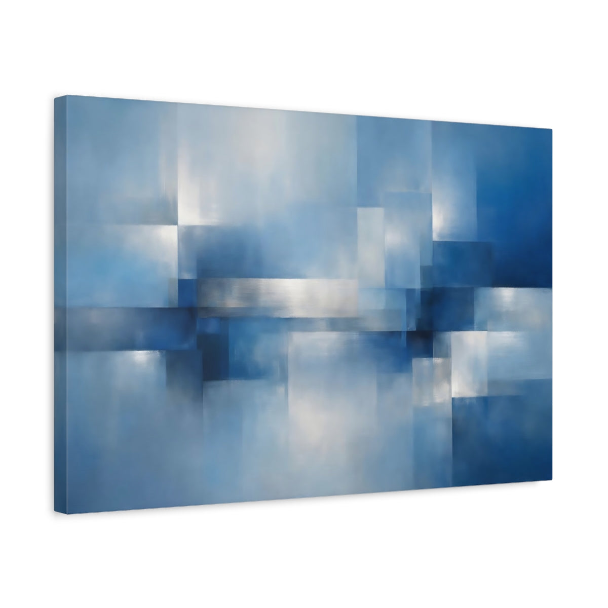 Side Mockup 3. Abstract Abstract Geometry Blue Silver Abstract shown as stretched canvas wall art