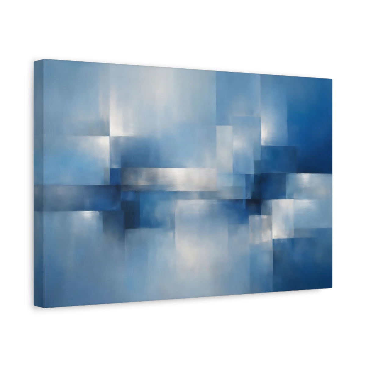 Side Mockup 4. Abstract Abstract Geometry Blue Silver Abstract shown as stretched canvas wall art