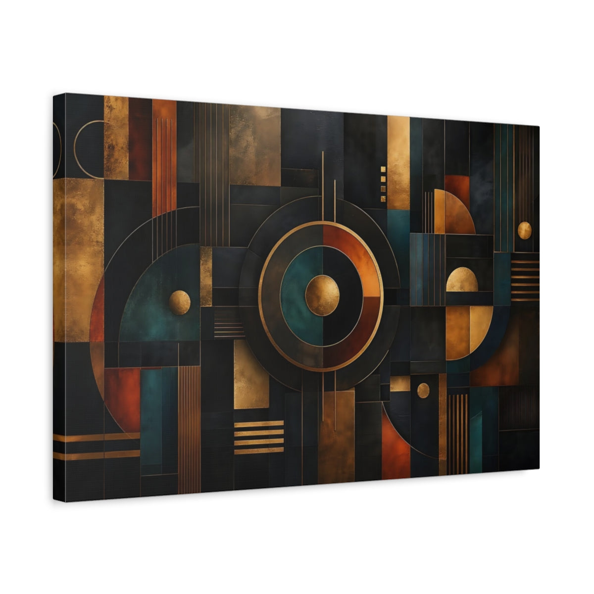 Side Mockup 3. Abstract Abstract Geometry Dark Gold Teal shown as stretched canvas wall art
