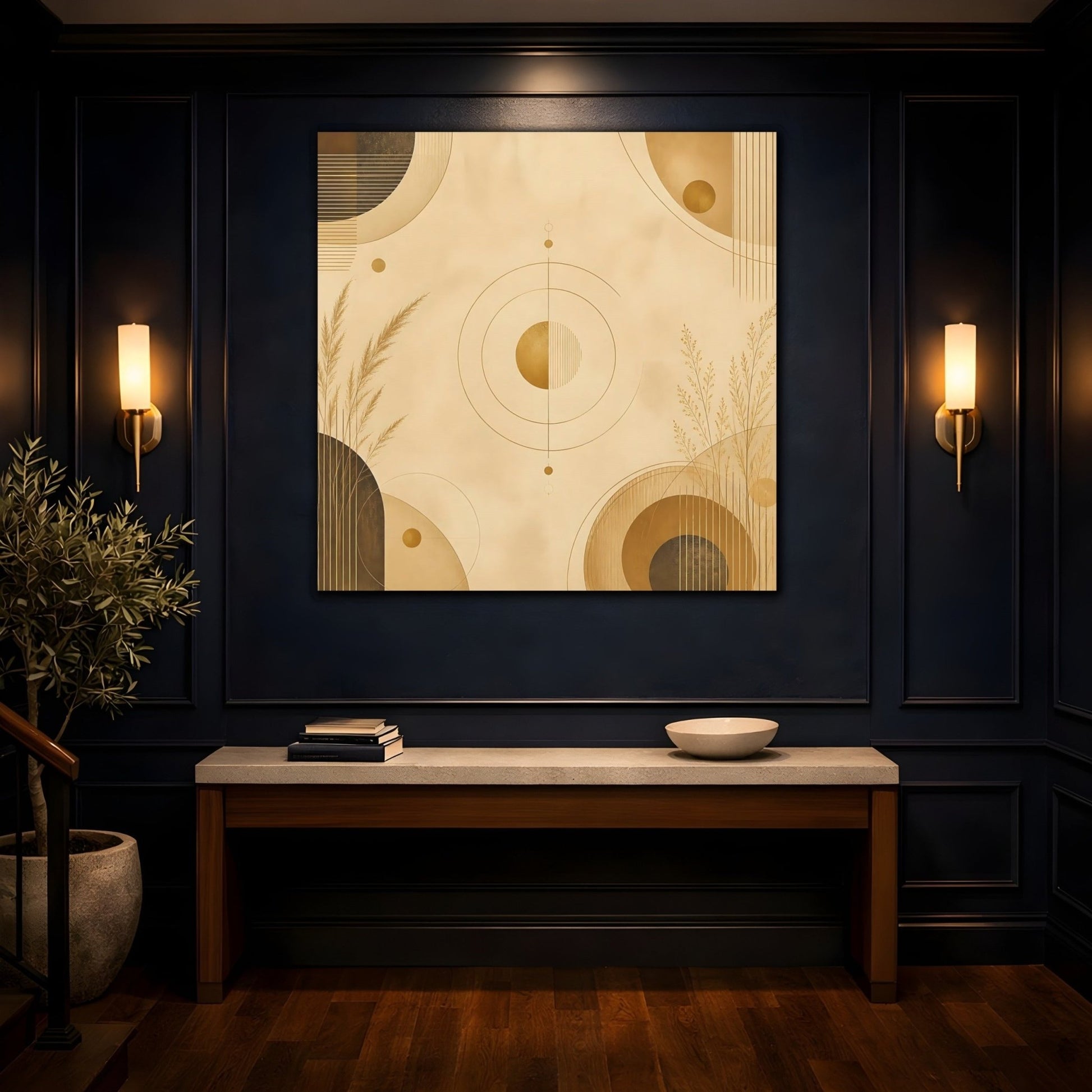 Abstract Geometry Gold Geometric Canvas Print – Modern Living Room, Above Fireplace - YesArtYes