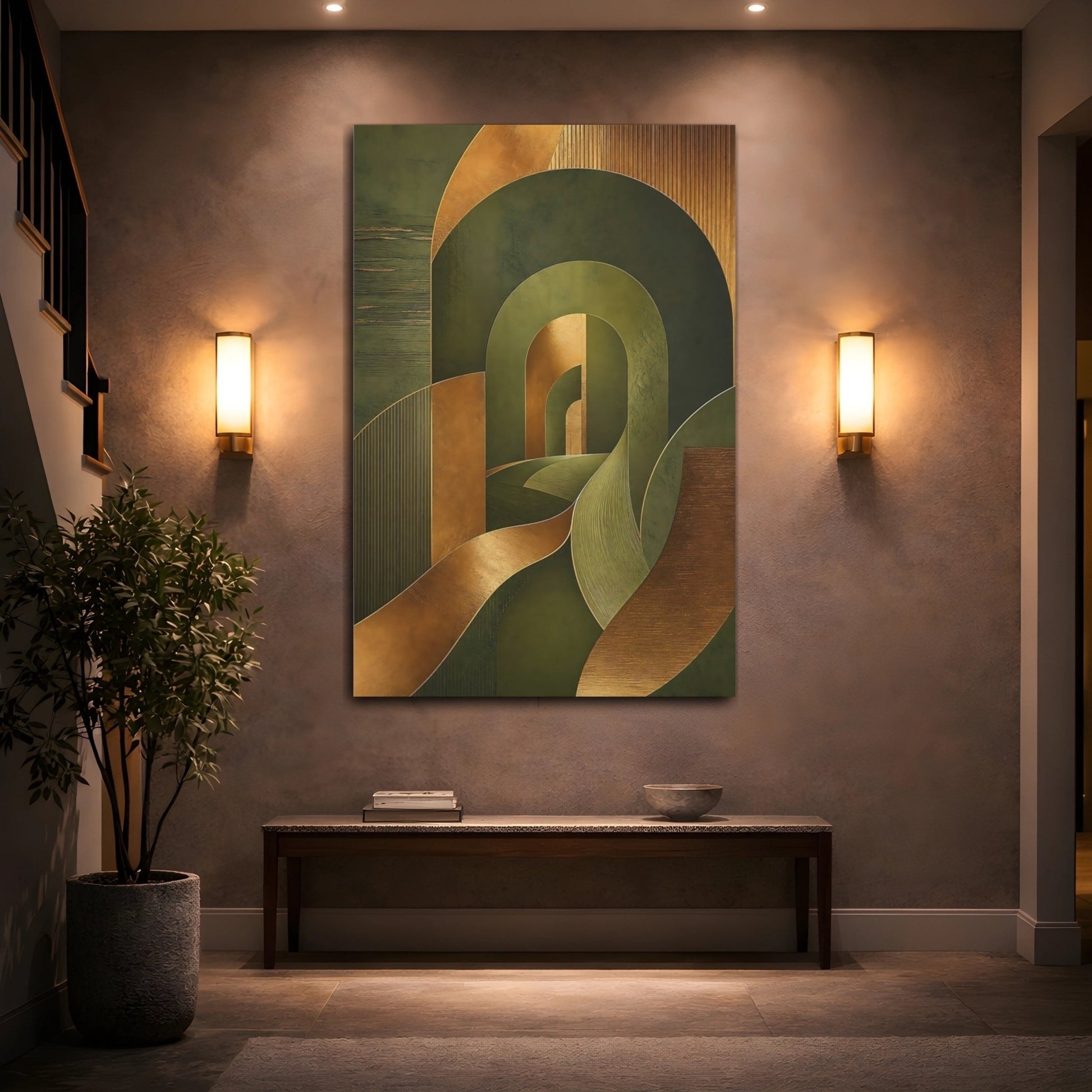 Abstract Geometry Green And Gold Canvas Print – Living Room, Above Fireplace, - YesArtYes