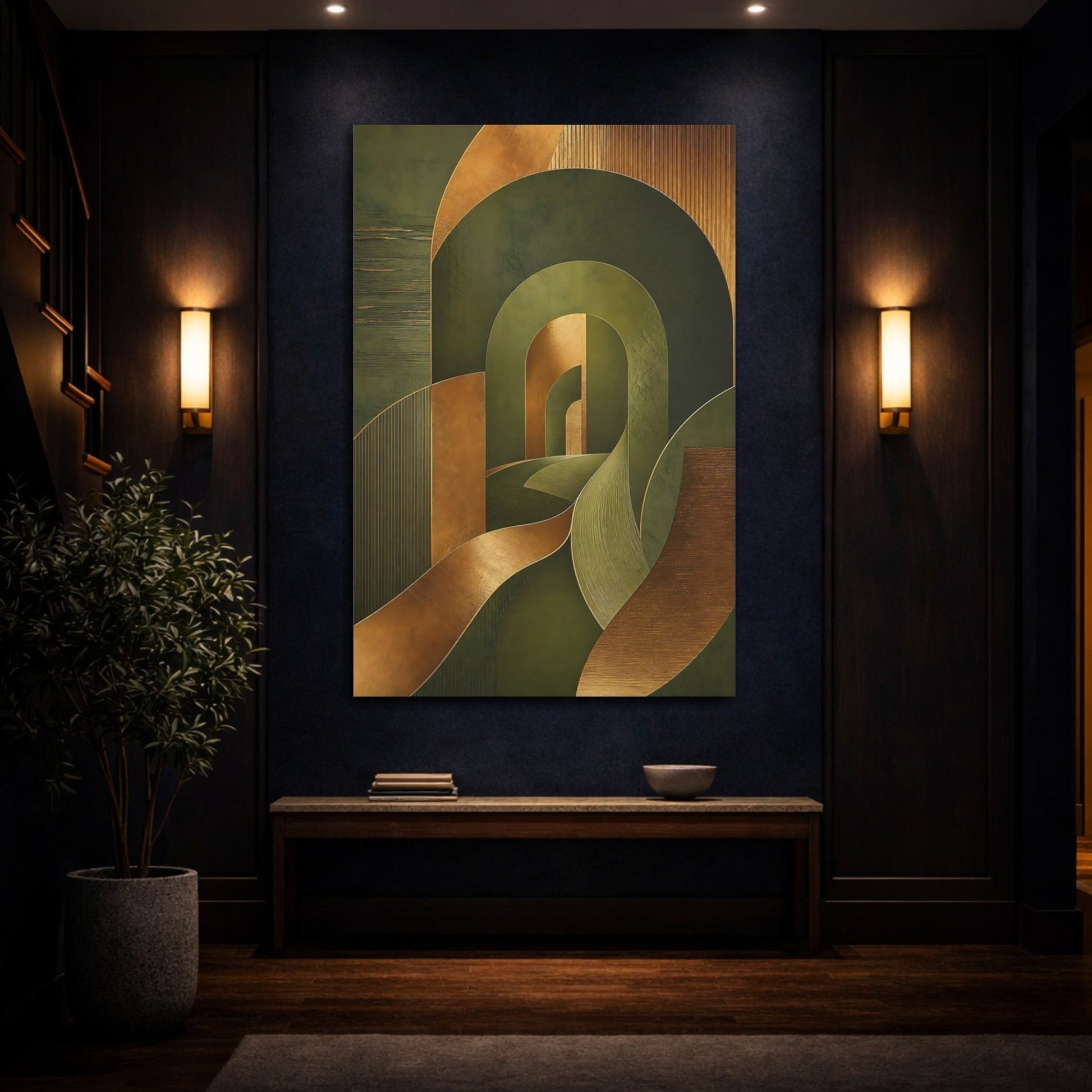 Abstract Geometry Green And Gold Canvas Print – Living Room, Above Fireplace, - YesArtYes