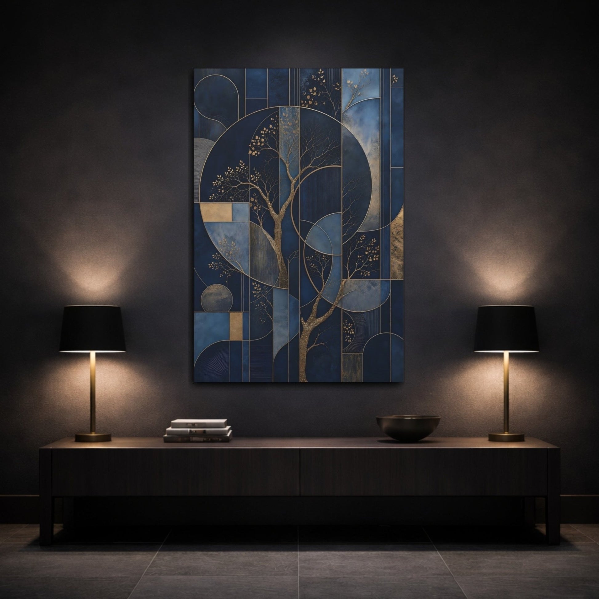 Abstract Gilded Trees Blue And Gold Canvas Print – Living Room, Above Couch - YesArtYes