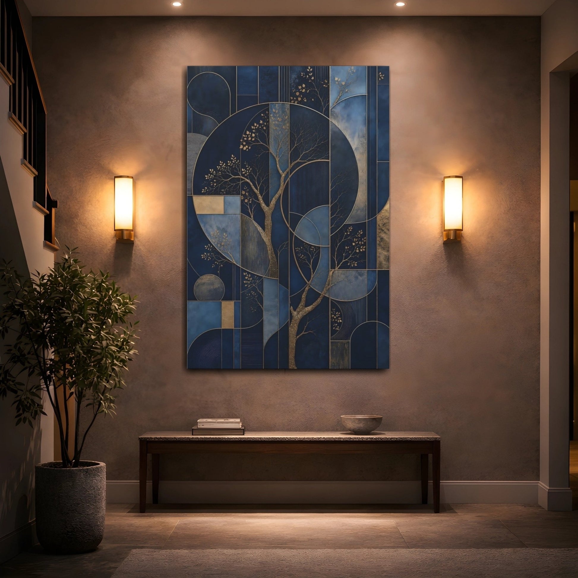 Abstract Gilded Trees Blue And Gold Canvas Print – Living Room, Above Couch - YesArtYes
