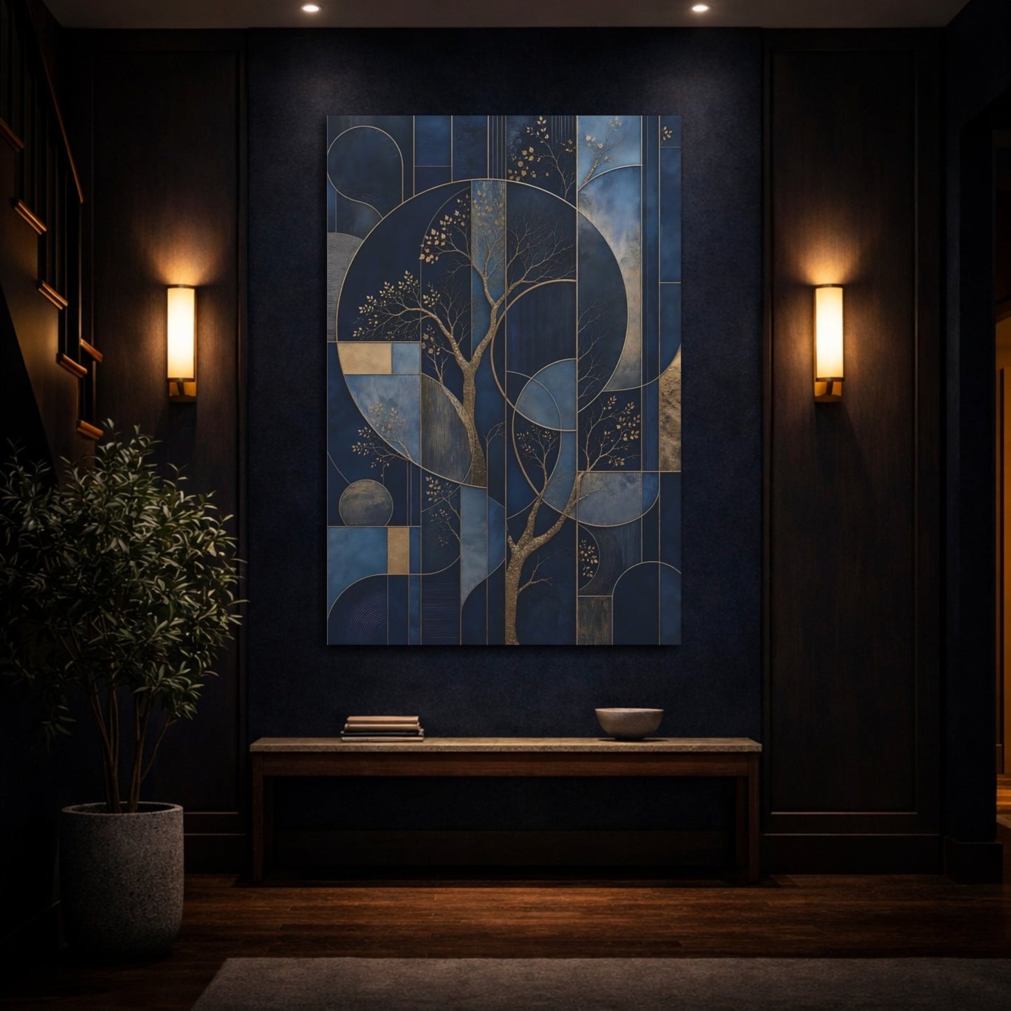 Abstract Gilded Trees Blue And Gold Canvas Print – Living Room, Above Couch - YesArtYes