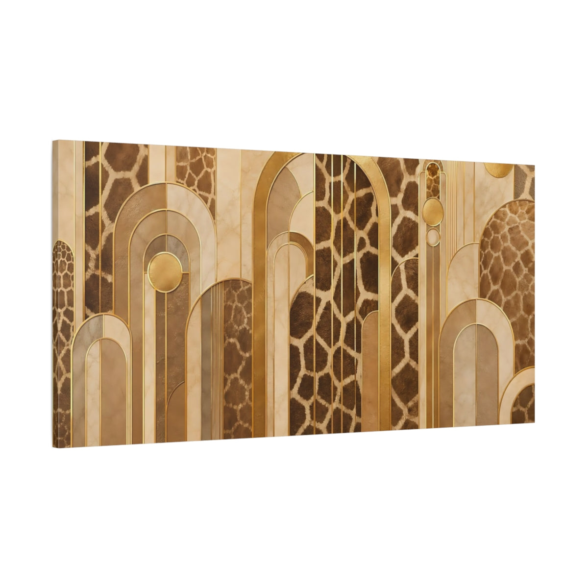 Side Mockup 2. Abstract Giraffe Pattern Brown And Gold shown as stretched canvas wall art